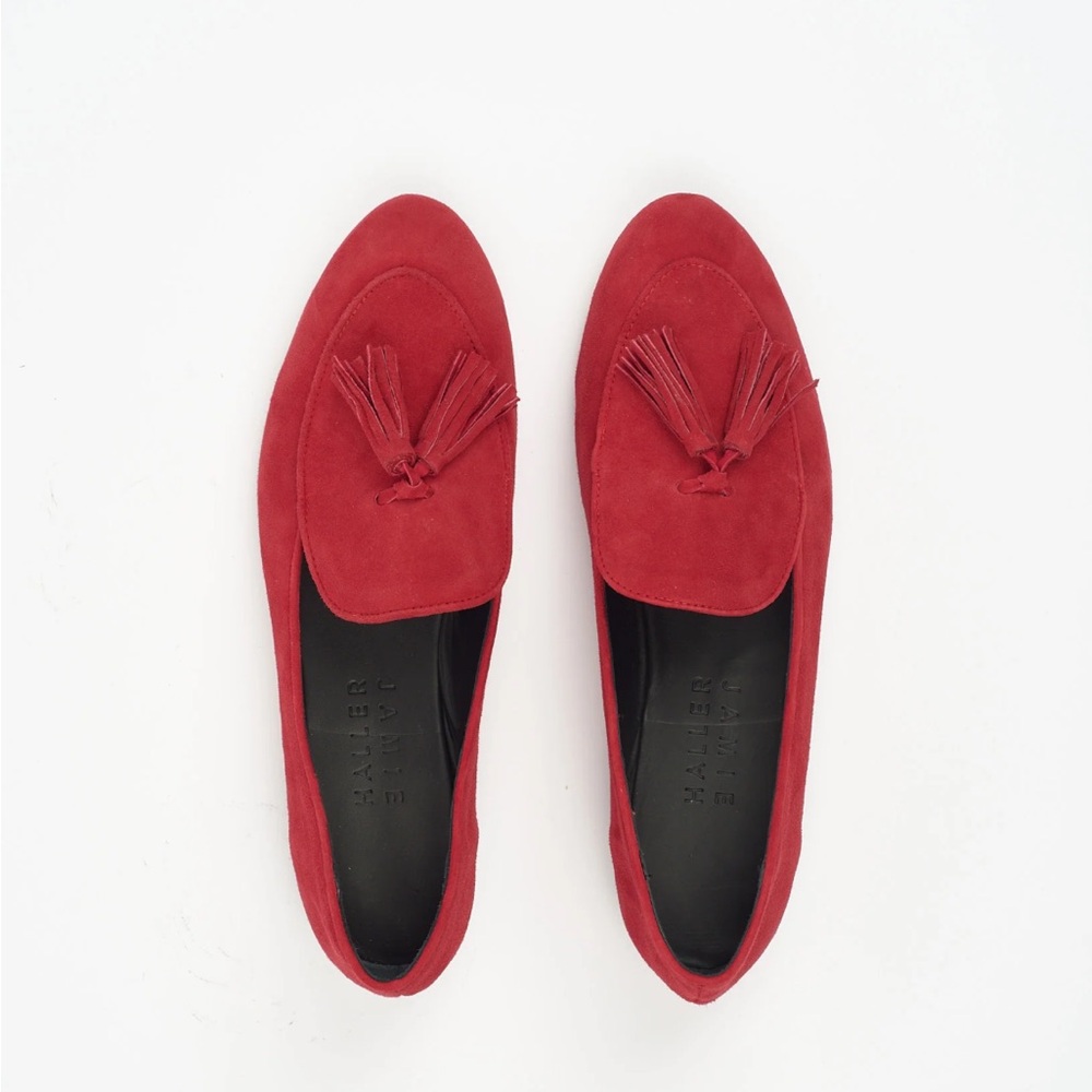 Shop Jamie haller Red suede loafers with tassels #loafers #tassels